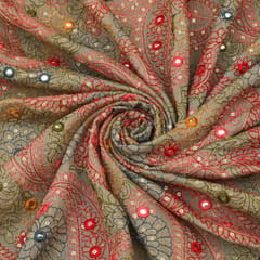 Coin Silver Chanderi Silk Floral Thread Mirror Embroidery Fabric
