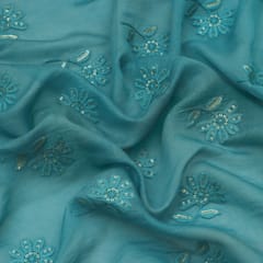 Sapphire Blue Chanderi Flower Sequins Embroidery Fabric