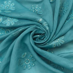 Sapphire Blue Chanderi Flower Sequins Embroidery Fabric