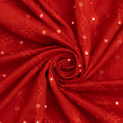 Red Semi Tussar Mirror Embroidery Fabric