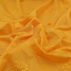 Gold Yellow Chanderi Silk Floral Thread sequins Embroidery Fabric