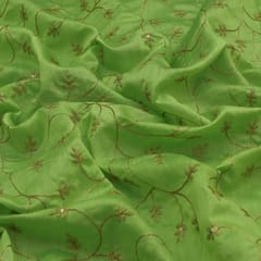 Jungle Green Chanderi Floral Golden Motif Zari Embroidery Fabric