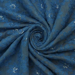 Teal Chanderi Threadwork Botti Sequins Embroidery Fabric