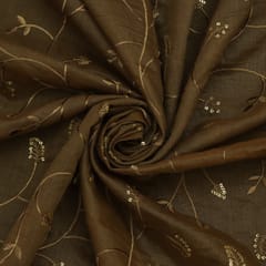 Chocolate Brown Chanderi Silk Floral Pattern Sequins Embroidery Fabric