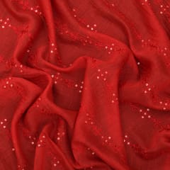 Apple Red Chanderi Sequins Embroidery Fabric