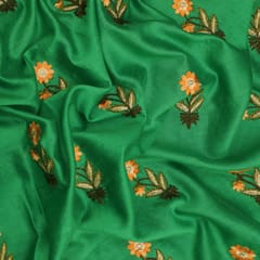 Dark Green Cotton Silk Floral Threadwork Embroidery Fabric