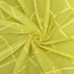 Bright Yellow Chanderi Floral Threadwork Embroidery Fabric