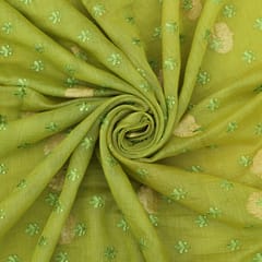 Moss Green Chanderi Beuatiful Floral Thread Embroidery Fabric