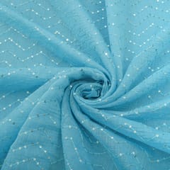 CornFlour Blue Cotton Chanderi Sequins Embroidery Fabric