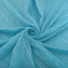 Deep Sky Blue Chanderi Sequins Embroidery Fabric