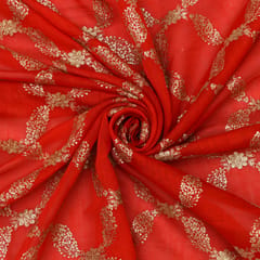 Apple Red Chanderi Floral Golden Sequin Embroidery Fabric