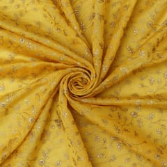 Bright Yellow Cotton Chanderi Floral Stripe Golden sequins Embroidery Fabric