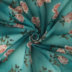 Sky Blue Linen Floral Digital Print Border Fabric