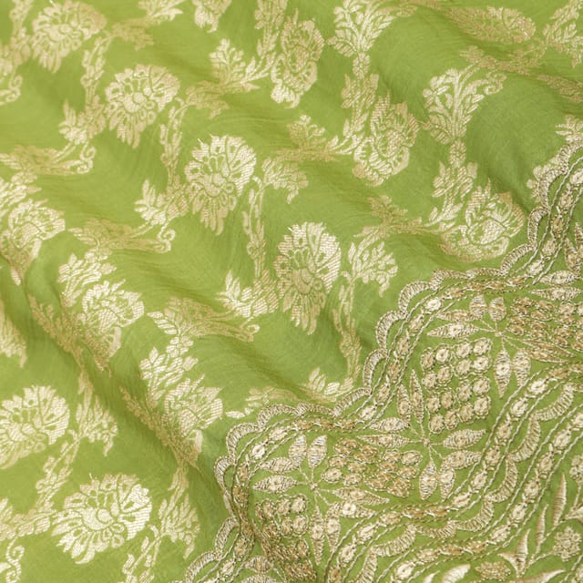 Mint Green Dola Jacquard Golden Zari Floral sequins Embroidery With Gota Work Border Fabric