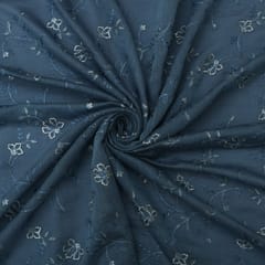 Slate Blue Chanderi Threadwork Floral Embroidery Fabric