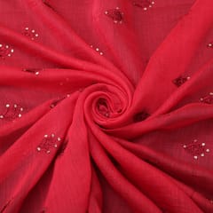 Rose Red Chanderi Floral Threadwork Sequins Sippi Embroidery Fabric
