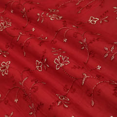 Cherry Red Chanderi Floral Thredawork Embroidery Fabric