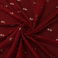 Mahogany Red Chanderi Floral Sequin Embroidery Fabric