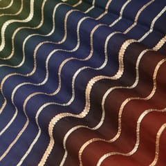 Cobalt Blue , Red & Moss Green Organza Stripe Gota Work Fabric