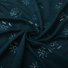 Teal Blue Georgette Floral Sequins Embroidery Fabric