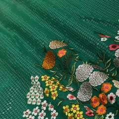 Cyan Organza Sequins Floral Threadwork Embroidery Border Fabric