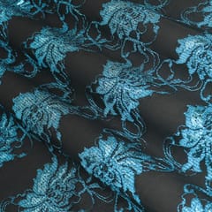Beautifull Blue Floral Pattern Embroidery Lace on Black Chantilly Net Fabric