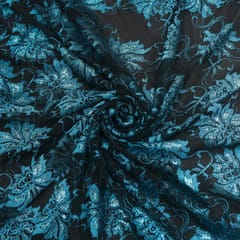 Beautifull Blue Floral Pattern Embroidery Lace on Black Chantilly Net Fabric