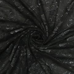 Jet Black Floral Chantility Net Fabric