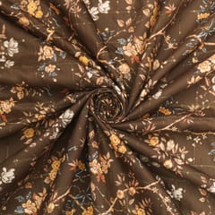 Deep Olive Green Muslin Digital Floral Print Sequins Embroidery Fabric