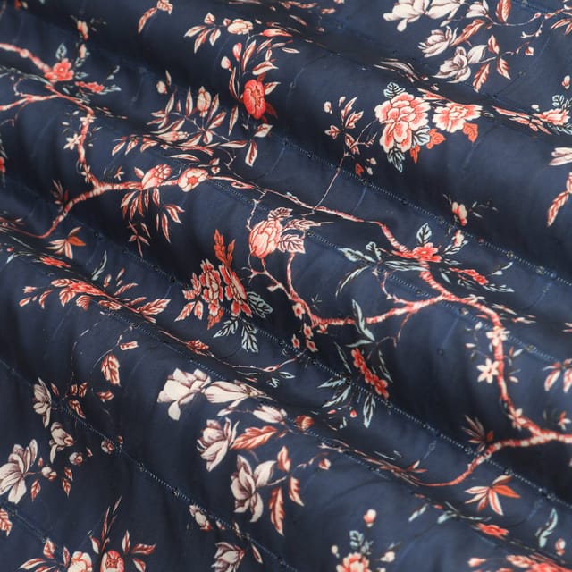 Navy Blue Muslin Digital Floral Print Sequins Embroidery Fabric