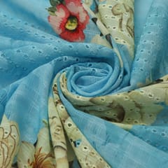 Mulmul Sea Blue Overlay Floral Print Embroidery Fabric
