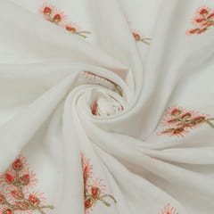 White Cotton Golden Zari Work On floral thread Embroidery Fabric