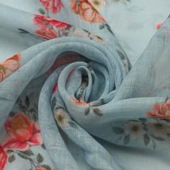 Sky Blue Linen Digital Floral Print Fabric