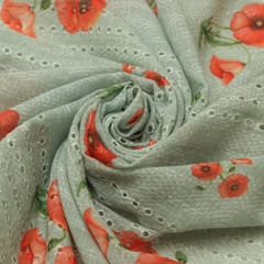 Mint Green Cotton Overlay Floral Print Embroidery Fabric