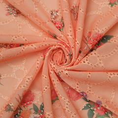 Salmon PinkCotton Chicken Overlay Floral Print Embroidery Fabric