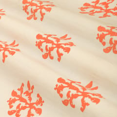 White and Orange Motif Print Cotton Fabric
