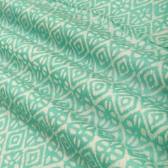 Turquoise Green and White Motif Print Chanderi Fabric