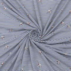 Steel Blue and White Stripe Motif Print Cotton Fabric