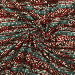 Maroon Red and Blue Ethnic Stripe Print Cotton Fabric