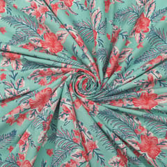 Sky Blue and Pink Floral Print Cotton Fabric