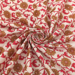 White and Red Floral Vine Print Cotton Fabric