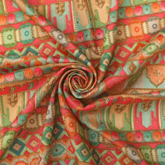 Salmon Pink with Pastel Multicoloured Position Print Embroidery Dupion Silk Fabric