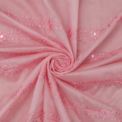 Baby Pink Floral Vine Mirrorwork Embroidery Chanderi Fabric