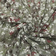 Ash Grey and White Floral Jute Embroidery Fabric