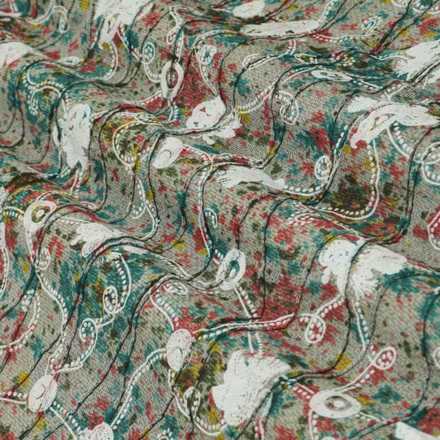 Multicoloured Floral Vine Jute Embroidery Fabric