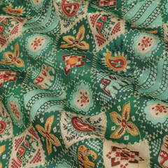 Emerald Green Motif Print Embroidered Chinon Fabric