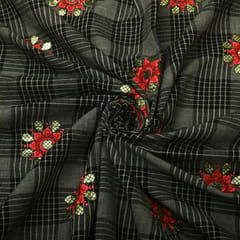Black and White Checked Floral Embroidery Cotton Fabric