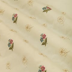 Cream with Pink and White Floral Embroidery Cotton Fabric