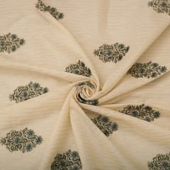 Champagne Cream and Green Embroidery Cotton Lurex Fabric