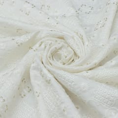 Powder White Nokia Silk Motif Print Thread With Sequin Embroidery Fabric